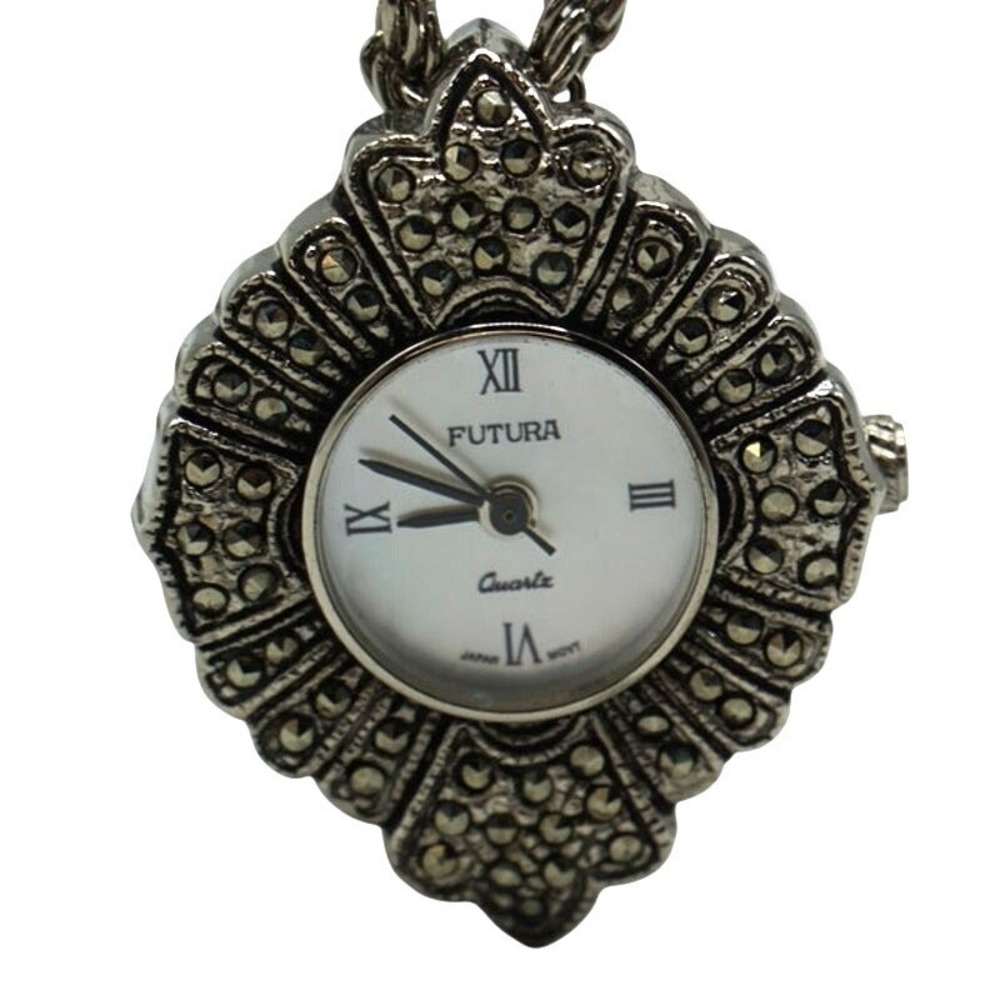 Silver Futura Marcasite Rhinestone Charm Watch Pendant Pin Necklace New Battery